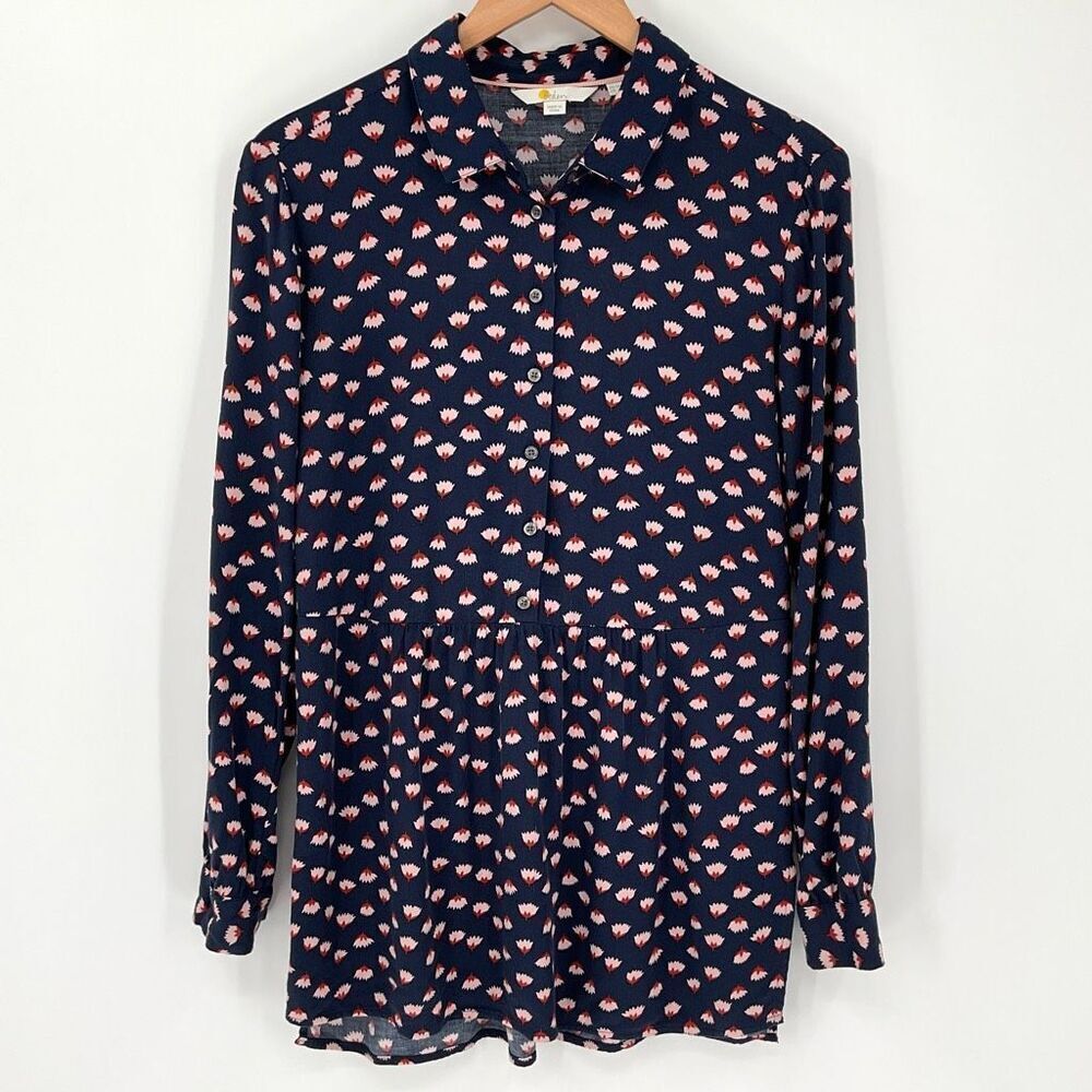 Boden Floral Babydoll Long Sleeve Drop Hem Button Down Tunic Top Women 6‎ Navy